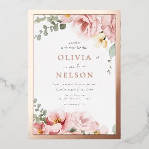 Invitation En Aluminium Magnifique Mariage Floral Rose Poussiéreuse Or
