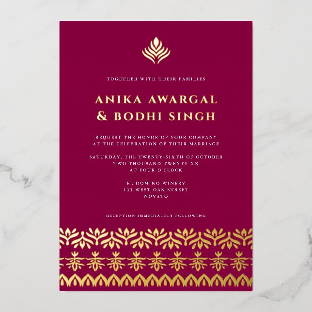 Invitation En Aluminium Magnifique Mariage frontalier indien orné VRAI (Recto)