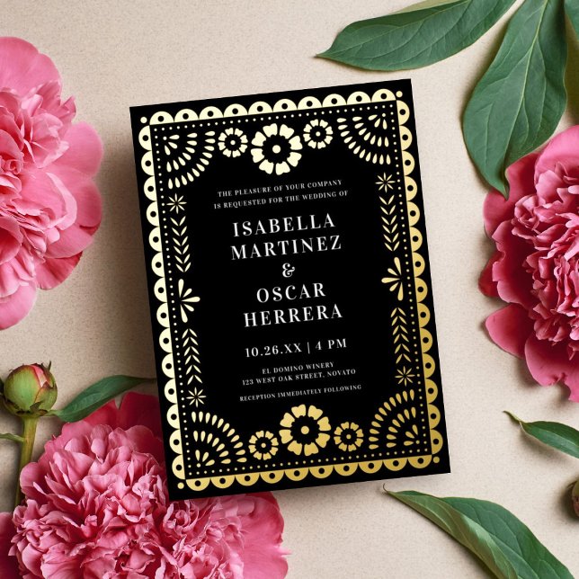 Invitation En Aluminium Magnifique Papel Picado Boda Mariage Noir + Or (Créateur téléchargé)