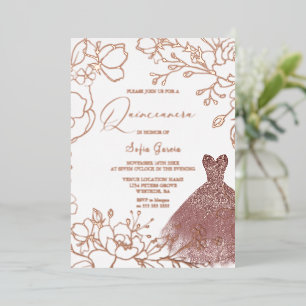 Invitation En Aluminium Magnifique robe rose gold leaves blush Quinceanera