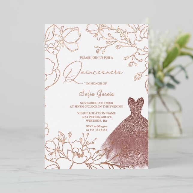 Invitation En Aluminium Magnifique Rose Gold Feuilles Blush Robe Quinceane (Debout devant)
