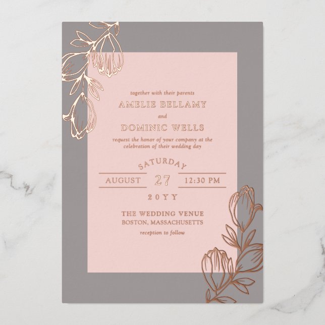 Invitation En Aluminium Magnolia Buds Blush Rose Gold Mariage (Recto)