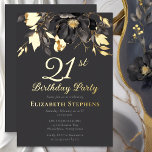Invitation En Aluminium Magnolia Élégant Fête d'anniversaire des 21 ans Ad<br><div class="desc">Célébrez un événement spécial avec une élégance intemporelle. Cette invitation de fête d'anniversaire sophistiquée présente des florales de magnolia dramatiques accentuées d'une feuille métallique luxueuse sur un fond riche en charbon.</div>