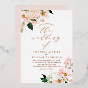 Invitation En Aluminium Magnolias et Hydrangeas Rose Pâle pour un Mariage