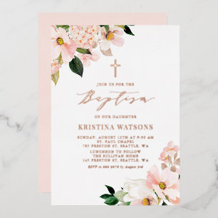 Invitation En Aluminium Magnolias Hydrangeas Rose Gold Baptême Rose Pâle
