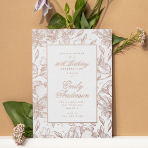 Invitation En Aluminium Main d'or rose dessinée Floral Anniversaire