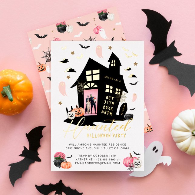Invitation En Aluminium Maison Hantée éffrayante Halloween Party Photo per (Spooky Haunted House Halloween Party Custom Photo Foil Invitation)