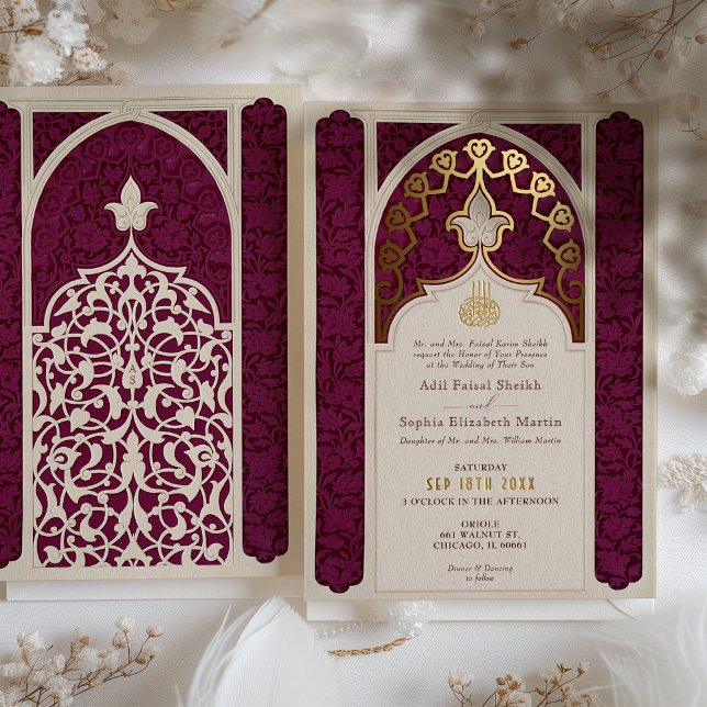 Invitation En Aluminium Majestic Maroon et Gold Foil Mariage islamique (Créateur téléchargé)
