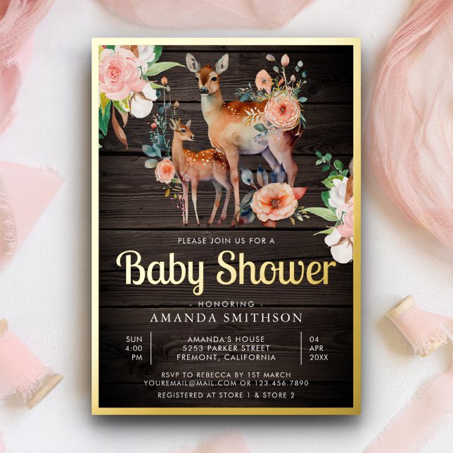 Invitation En Aluminium Maman Baby Floral Cerf Baby shower en bois Or (Créateur téléchargé)