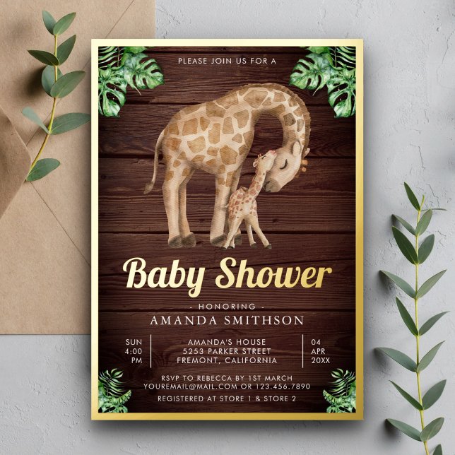 Invitation En Aluminium Maman Baby Giraffe Safari Baby shower en bois or (Créateur téléchargé)