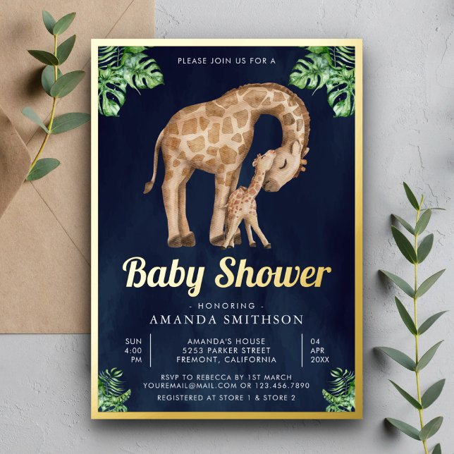 Invitation En Aluminium Maman Baby Giraffe Safari Baby shower Marine Or (Créateur téléchargé)