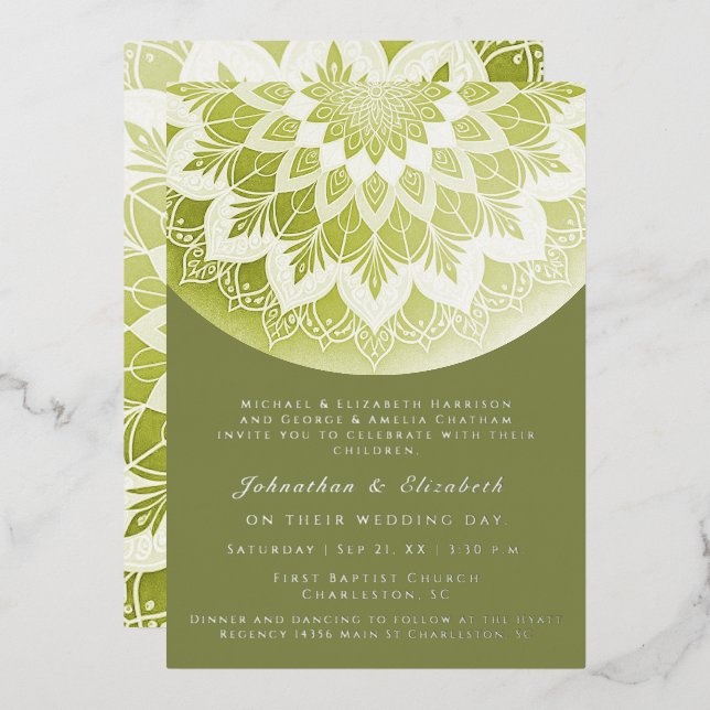 Invitation En Aluminium Mandala de mariage à dentelle verte (Recto/Verso)
