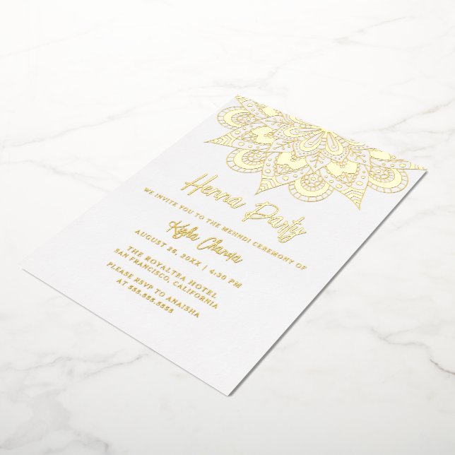 Invitation En Aluminium Mandala Élégant Henna Party Mehndi Or Réel (Rotation)