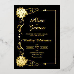 Invitation En Aluminium Mandala Floral Élégant Mariage Noir Or Feuille