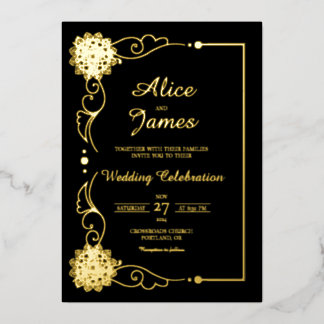 Invitation En Aluminium Mandala Floral Élégant Mariage Noir Or Feuille