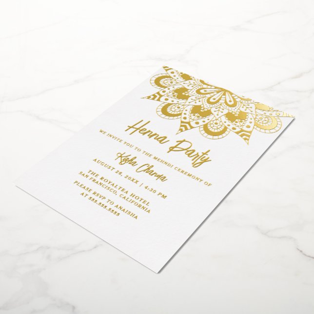 Invitation En Aluminium Mandala Henna Elégant Fête Mehndi Or Réel (Rotation)
