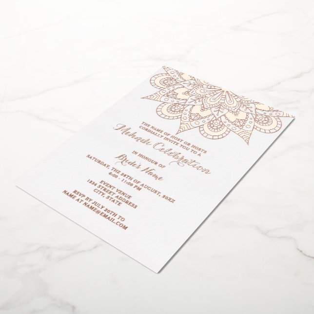 Invitation En Aluminium Mandala Mehndi élégant or rose réel (Rotation)