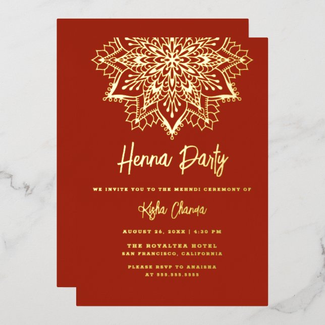 Invitation En Aluminium Mandala rouge et or Henna Party Mehndi Or véritabl (Recto/Verso)