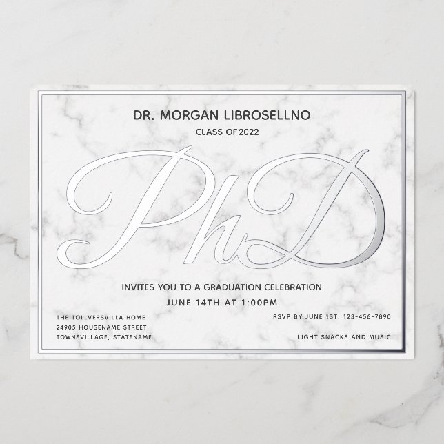 Invitation En Aluminium Marble Silver White Doctorat (Recto)