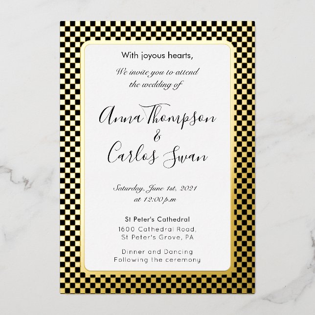 Invitation En Aluminium Marbre À damiers noir et or élégant (Recto)