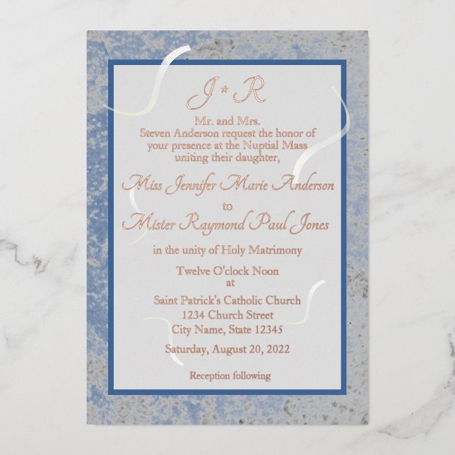 Invitation En Aluminium Marbre bleu et gris Mariage catholique monogramme (Recto)