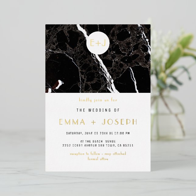 Invitation En Aluminium Marbre noir Moderne Simple Mariage Gold Foil (Debout devant)