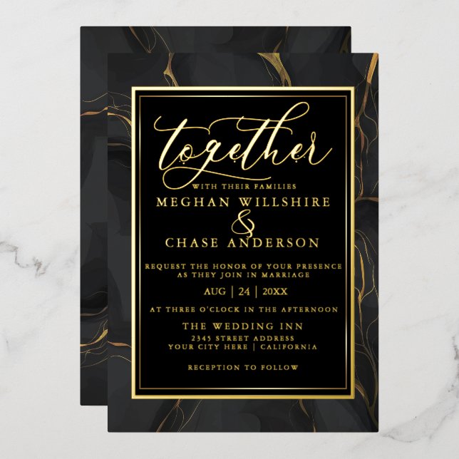 Invitation En Aluminium Marbre noir or élégant moderne (Recto/Verso)