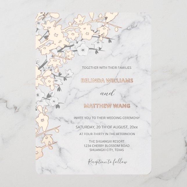 Invitation En Aluminium Marbre or rose | Cherry Blossom Mariage (Recto)