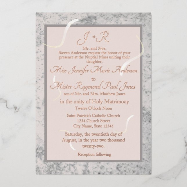 Invitation En Aluminium Marbre rose et gris Mariage catholique traditionne (Recto)