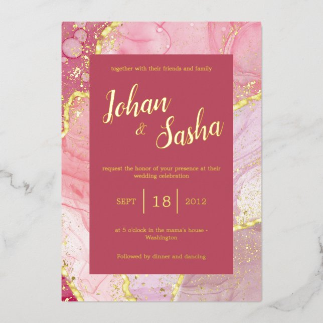 Invitation En Aluminium marbre rose or (Recto)