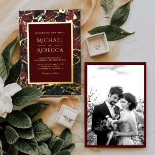 Invitation En Aluminium Marbre Rouge de Bourgogne Moderne Photo Mariage Or