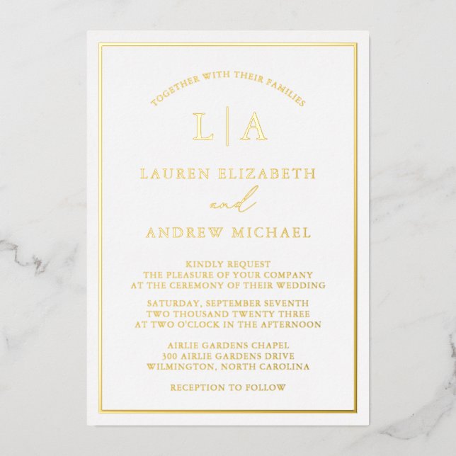 Invitation En Aluminium Mariage à Bordure de Monogramme à Feuille d'Or Rom (Recto)