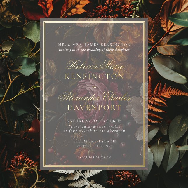 Invitation En Aluminium Mariage à Cadre Doré Calligraphie Florale Sombre e (Dark and moody romantic gold foil wedding invitation with a vintage style oil painting of flowers)