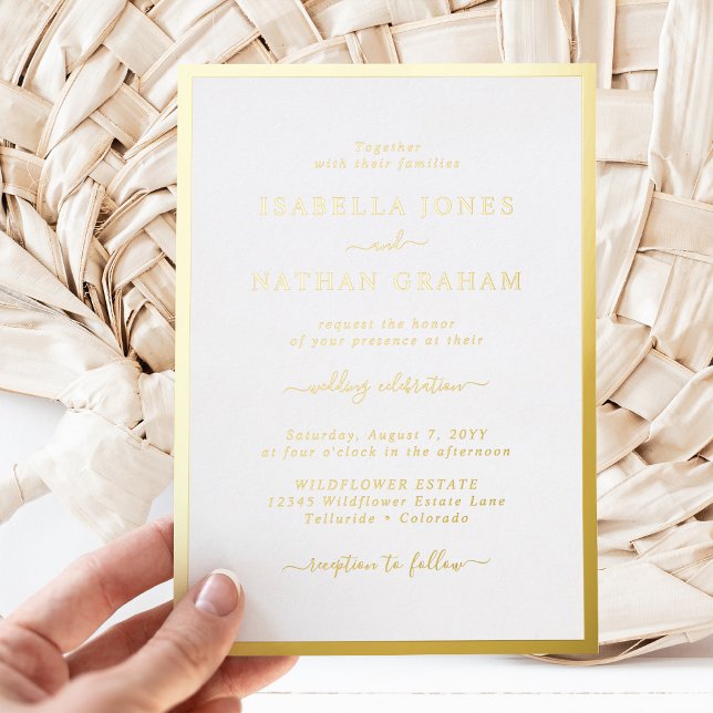 Invitation En Aluminium Mariage à la Bordure Dorée (Gold Border Simple Modern Wedding Foil Invitation by Painted Paperie
)