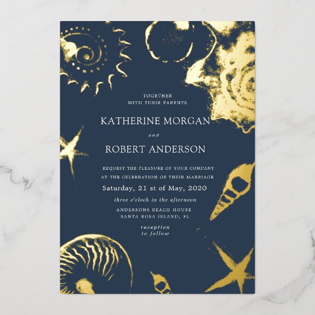 Invitation En Aluminium Mariage à la plage bleu doré (Recto)