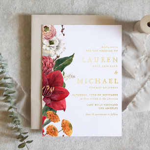 Invitation En Aluminium Mariage à l'aquarelle Rouge Amaryllis et Chrysanth