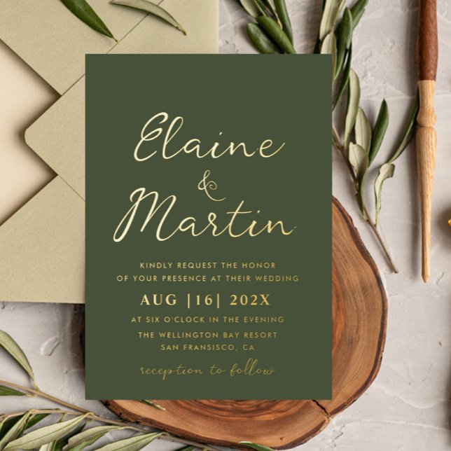 Invitation En Aluminium mariage à l'écriture dorée vert olive (Créateur téléchargé)