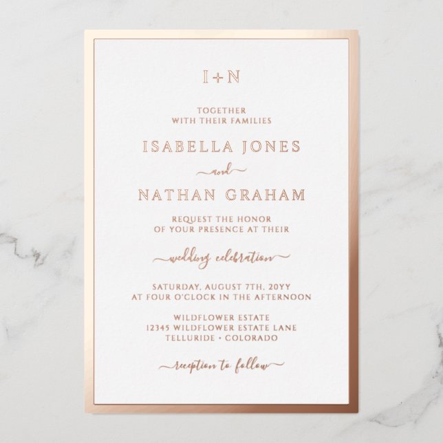Invitation En Aluminium Mariage à l'or rose monogrammé (Recto)