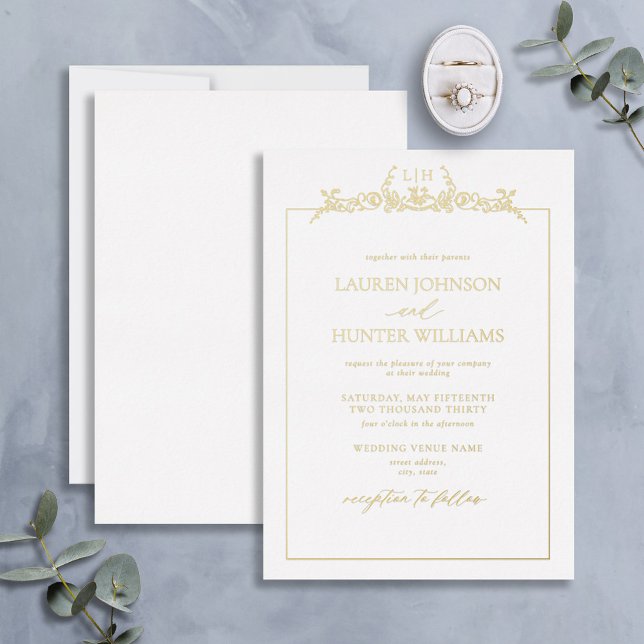 Invitation En Aluminium Mariage à monogramme avec bordure florale dorée (Créateur téléchargé)