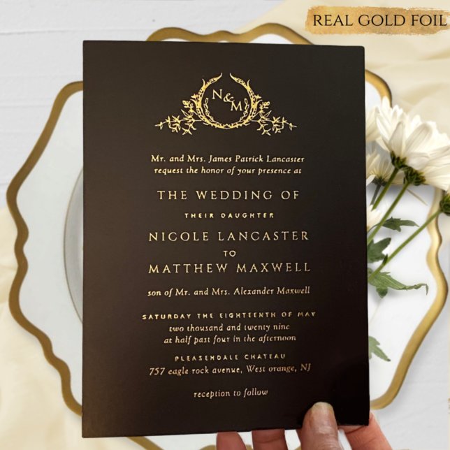 Invitation En Aluminium Mariage à monogramme avec feuille d'or véritable e (Créateur téléchargé)