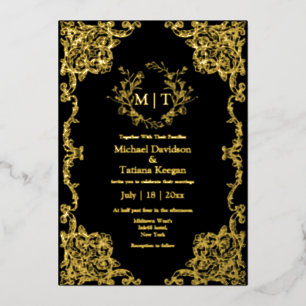 Invitation En Aluminium Mariage à monogramme floral baroque noir et or
