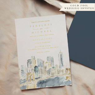 Invitation En Aluminium Mariage à New York avec aquarelle et feuille d'or