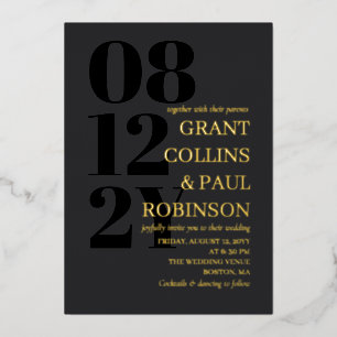 Invitation En Aluminium Mariage à typographie noire mate or avec parents