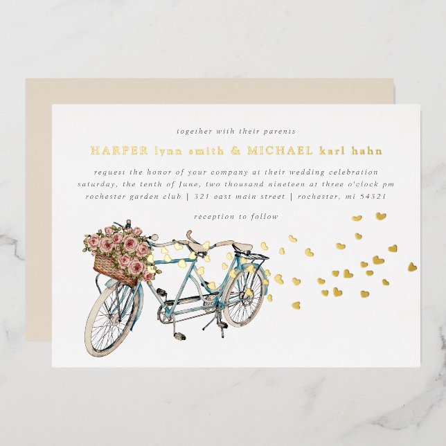 Invitation En Aluminium mariage à vélo tandem or (Recto/Verso)