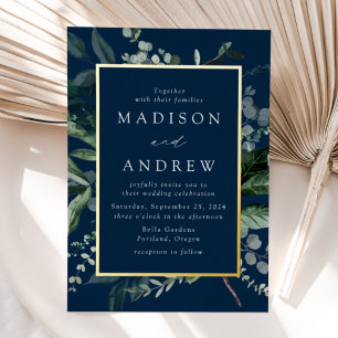 Invitation En Aluminium Mariage Abondant de Verdure Cadre Navy et Or