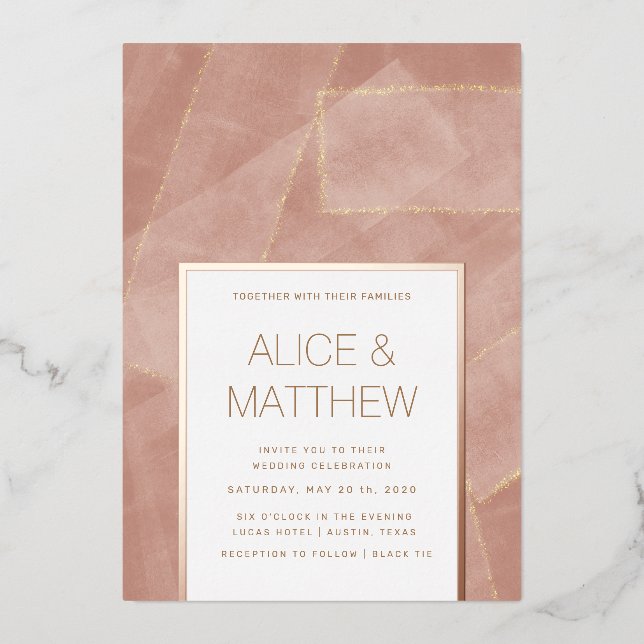 Invitation En Aluminium mariage abstrait or rose moderne (Recto)