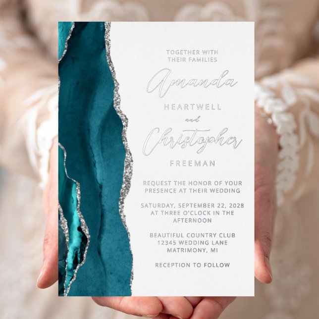 Invitation En Aluminium Mariage Agate Bleu Turquoise Argent Script (Créateur téléchargé)