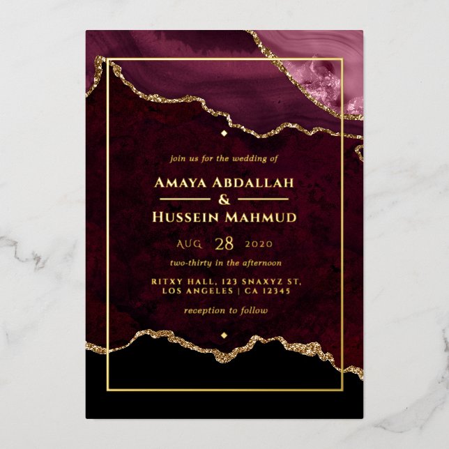 Invitation En Aluminium Mariage Agate Bourgogne et Or (Recto)
