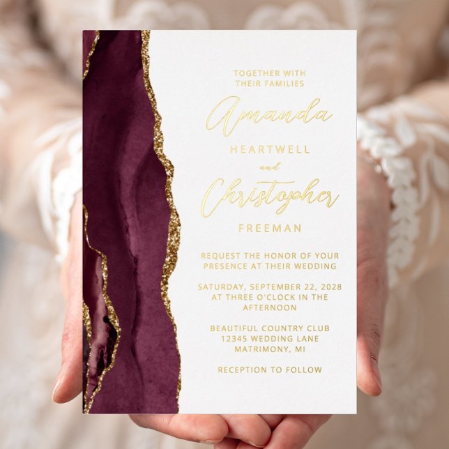 Invitation En Aluminium Mariage Agate Bourgogne Or Script (Créateur téléchargé)