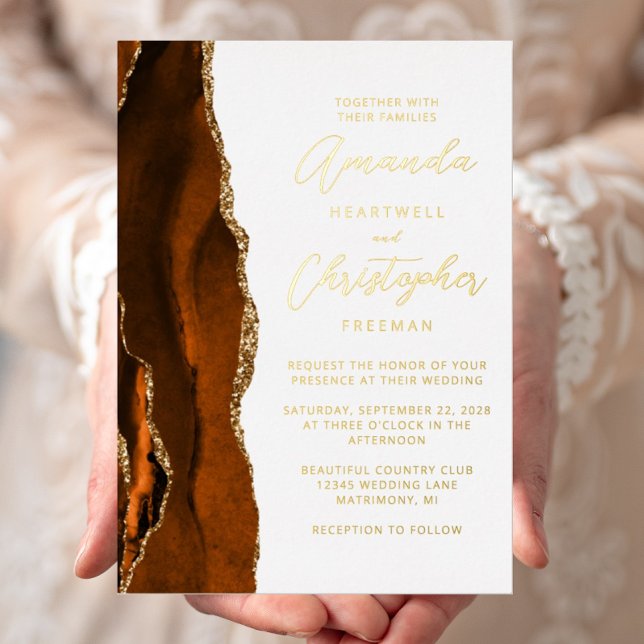 Invitation En Aluminium Mariage Agate Orange Brûlé Or Script (Créateur téléchargé)